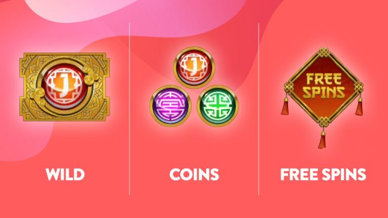 Symbols for a wild, scatter, and free spins are shown on a pink and red background, separated by a divider.